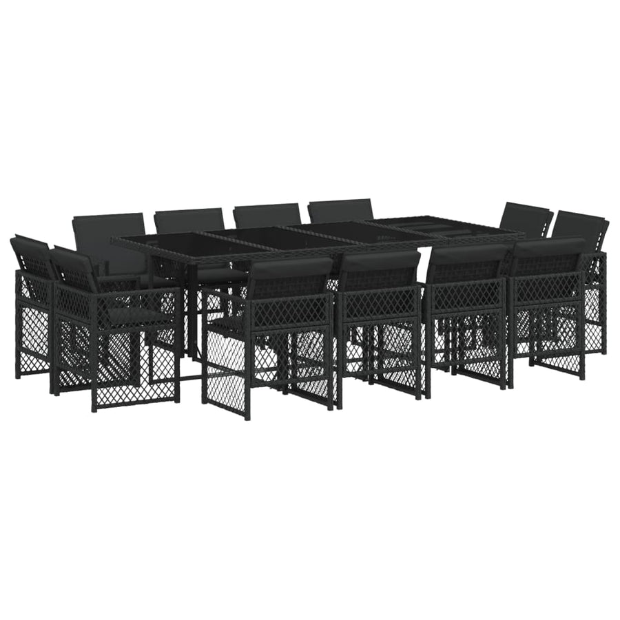 13 Piece Garden Dining Set with Cushions Black Poly Rattan