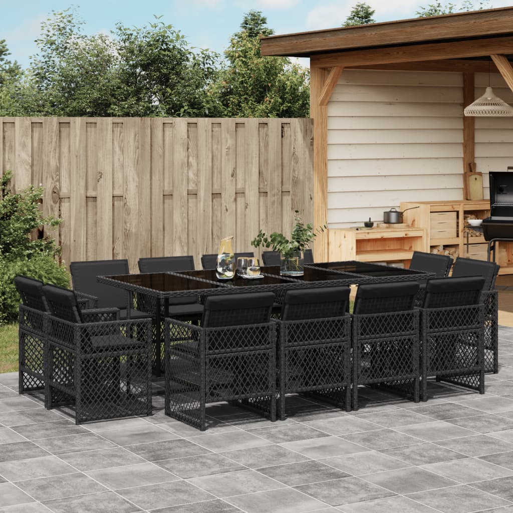 13 Piece Garden Dining Set with Cushions Black Poly Rattan