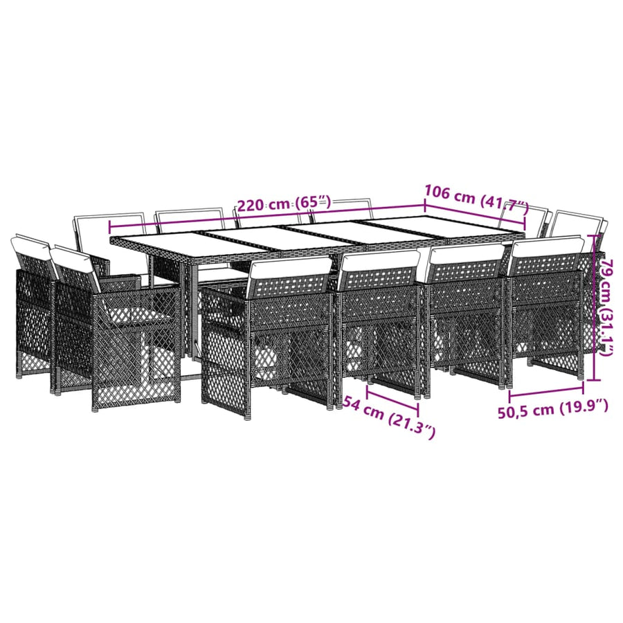 13 Piece Garden Dining Set with Cushions Grey Poly Rattan