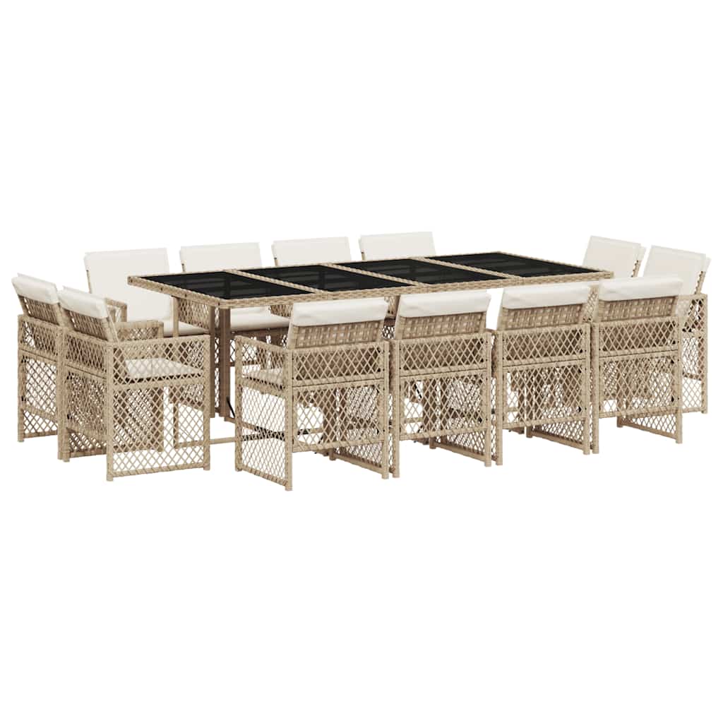 13 Piece Garden Dining Set with Cushions Beige Poly Rattan