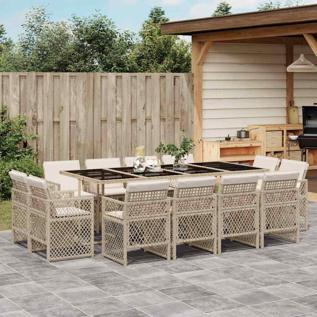 13 Piece Garden Dining Set with Cushions Beige Poly Rattan