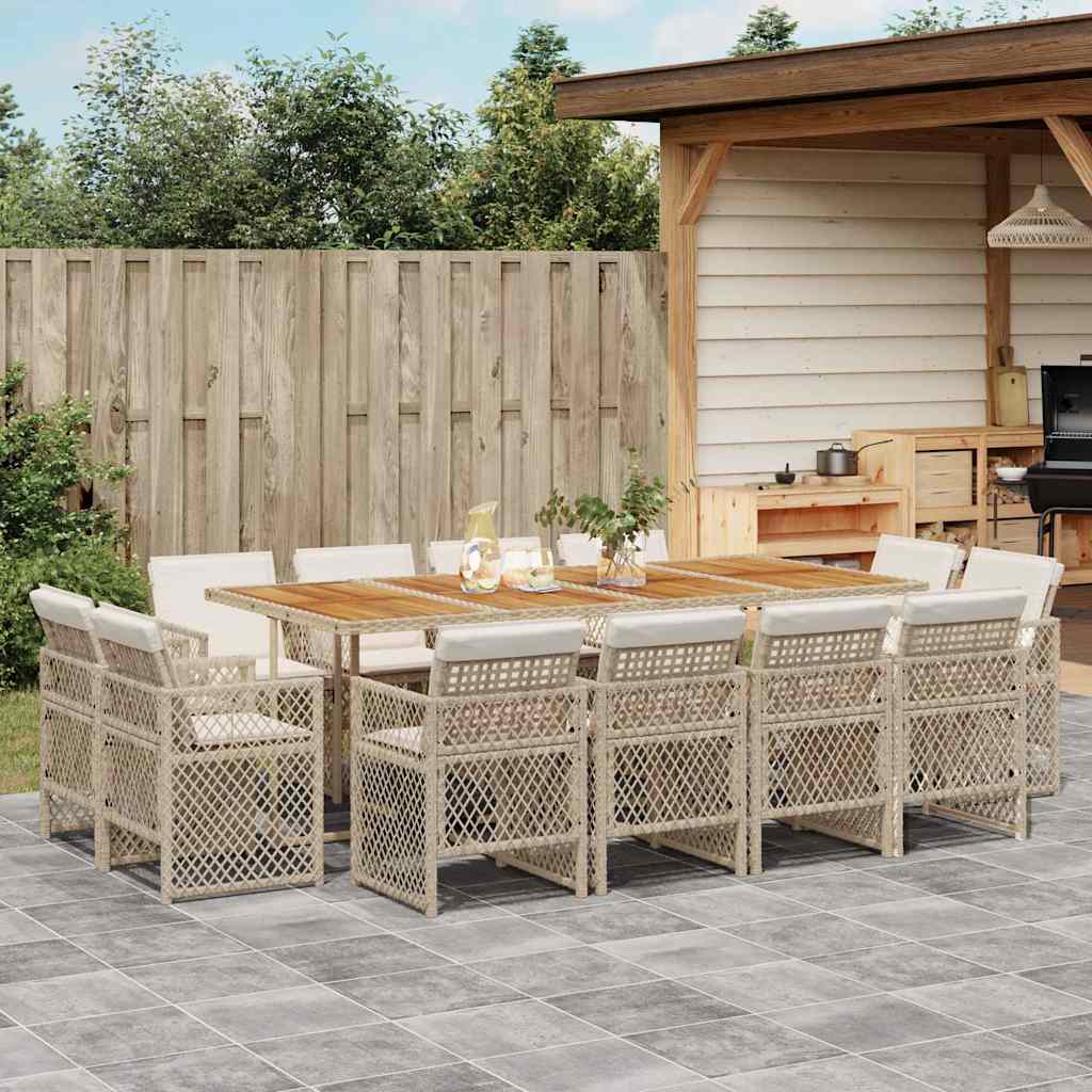 13 Piece Garden Dining Set with Cushions Beige Poly Rattan