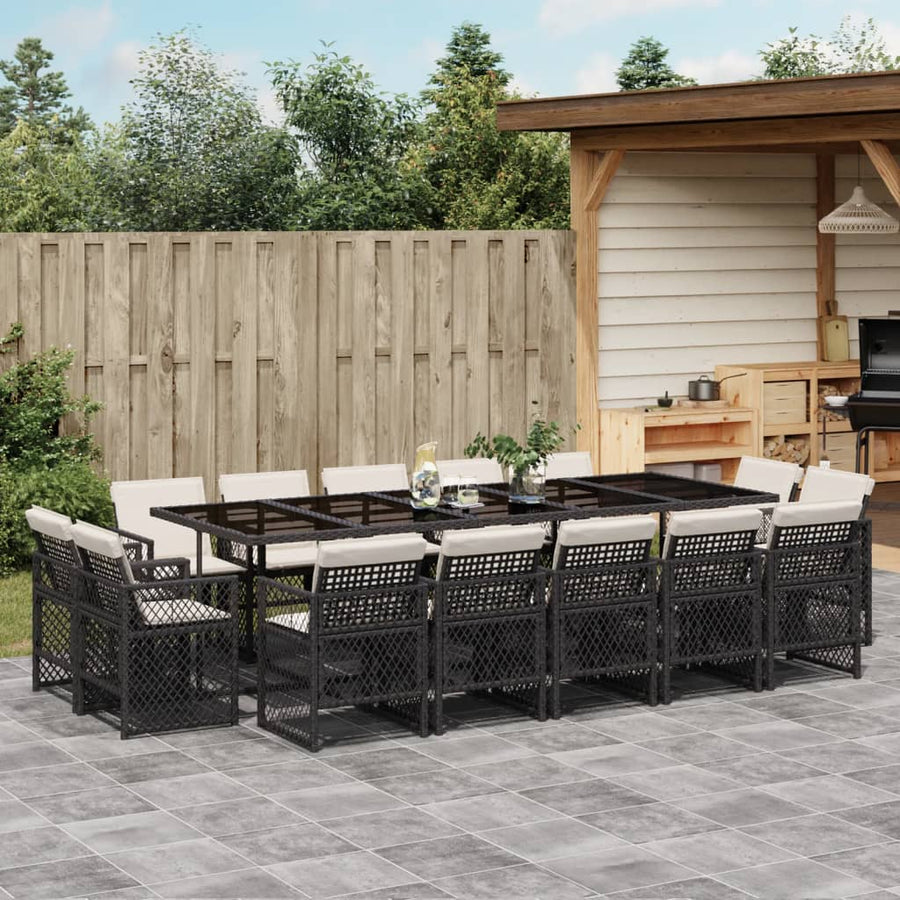 15 Piece Garden Dining Set with Cushions Black Poly Rattan