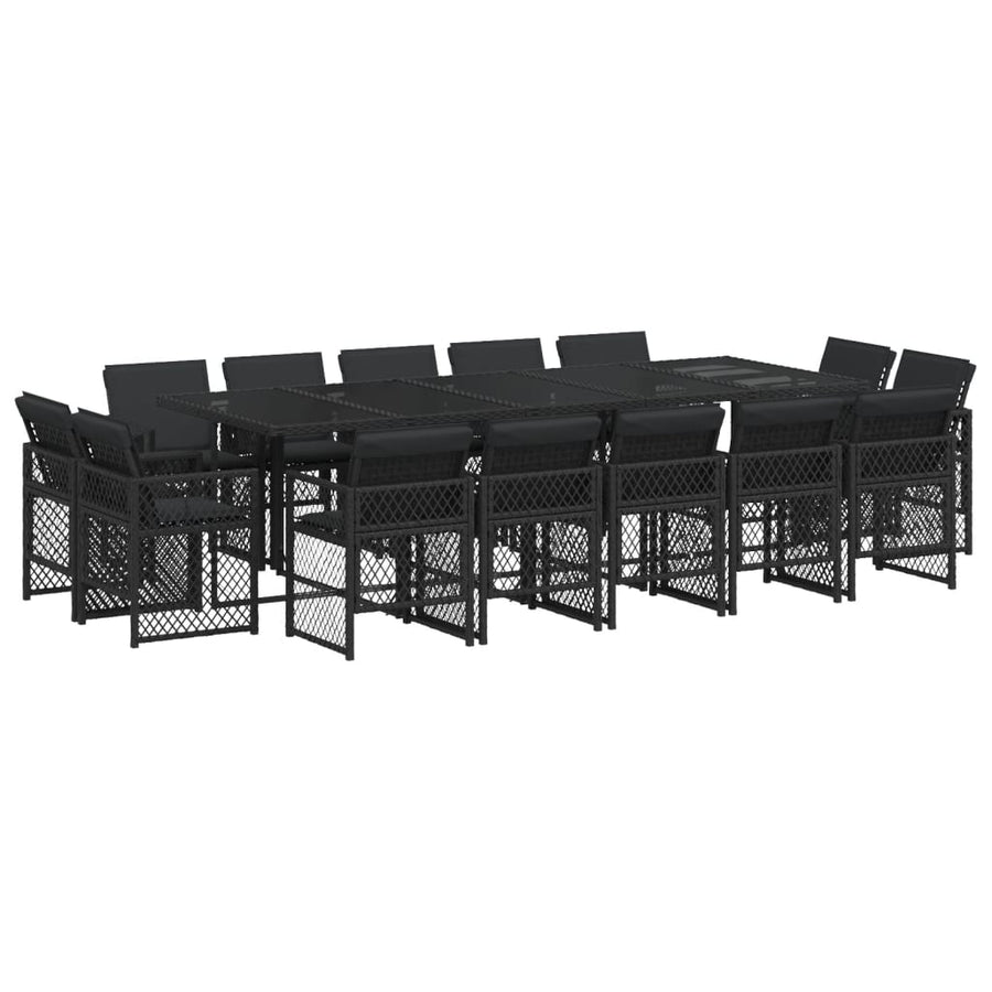 15 Piece Garden Dining Set with Cushions Black Poly Rattan
