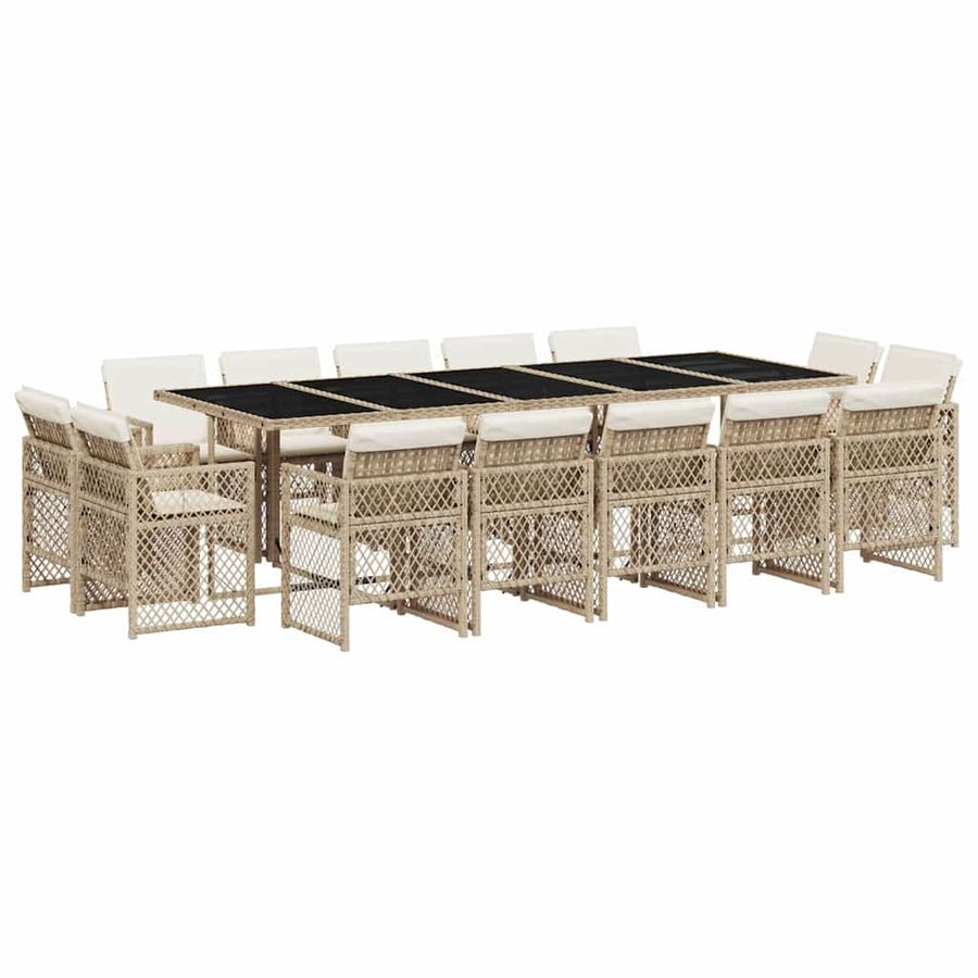 15 Piece Garden Dining Set with Cushions Beige Poly Rattan