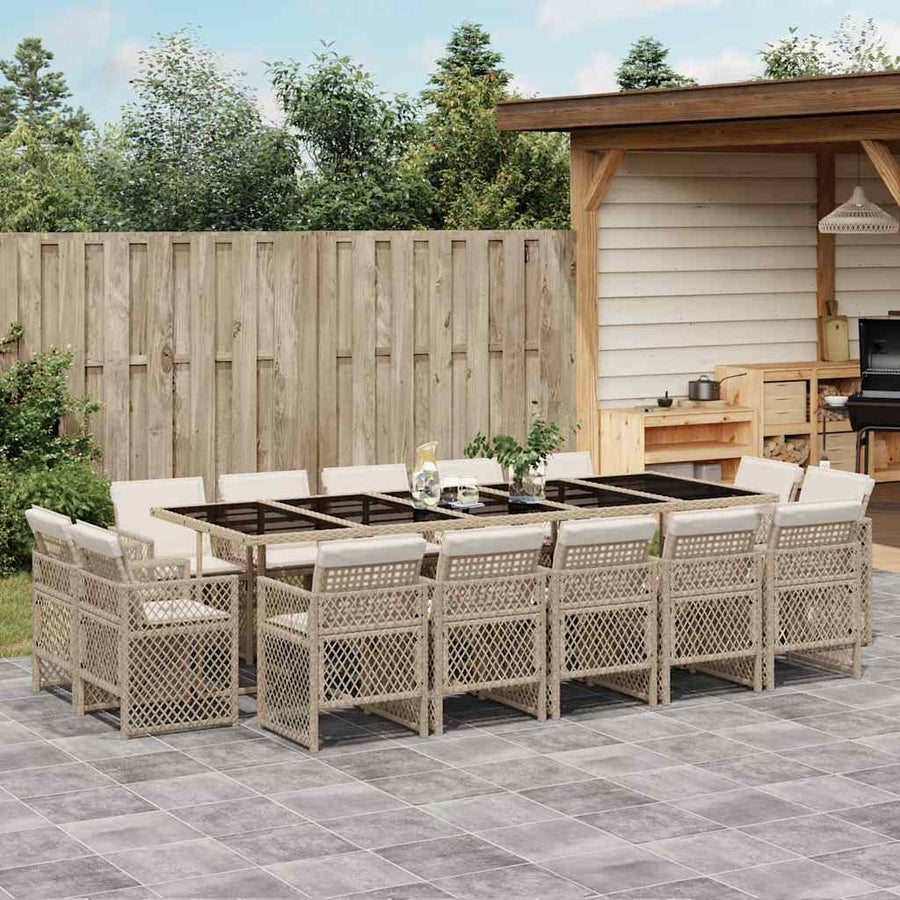 15 Piece Garden Dining Set with Cushions Beige Poly Rattan