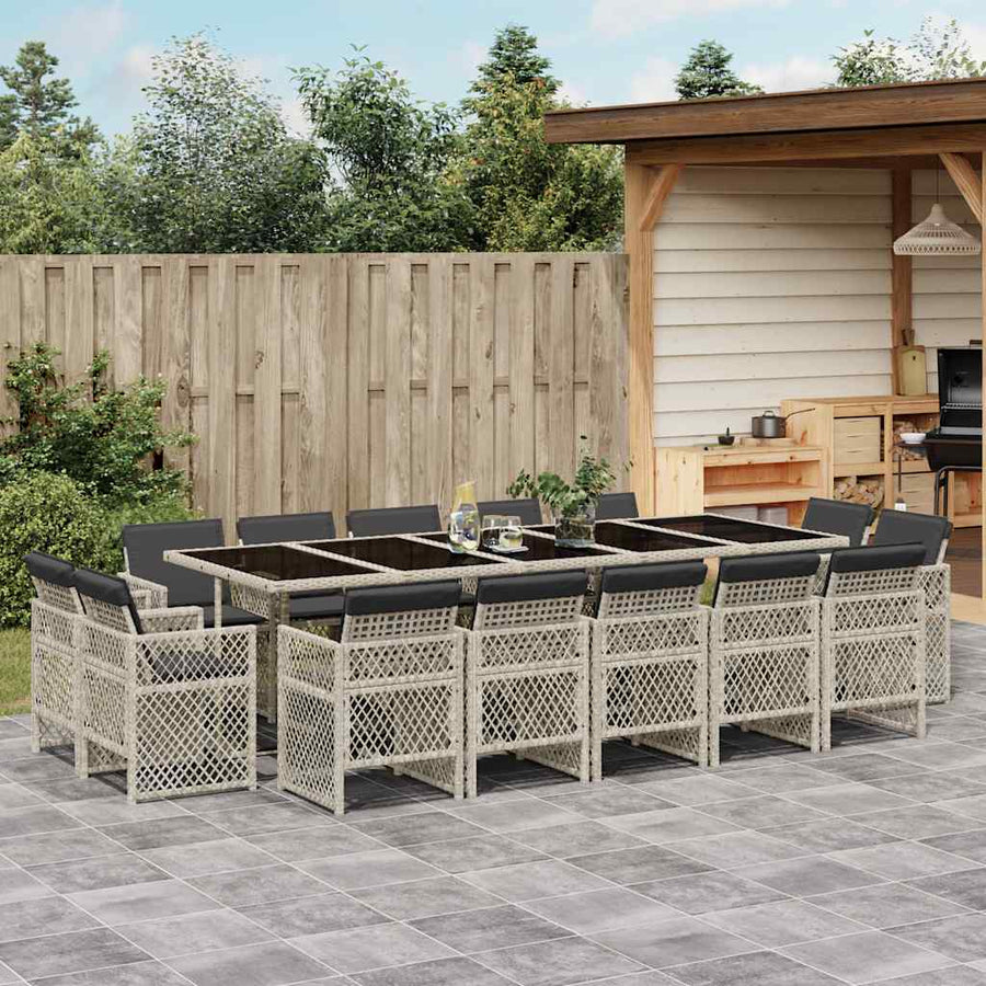 15 Piece Garden Dining Set with Cushions Light Grey Poly Rattan