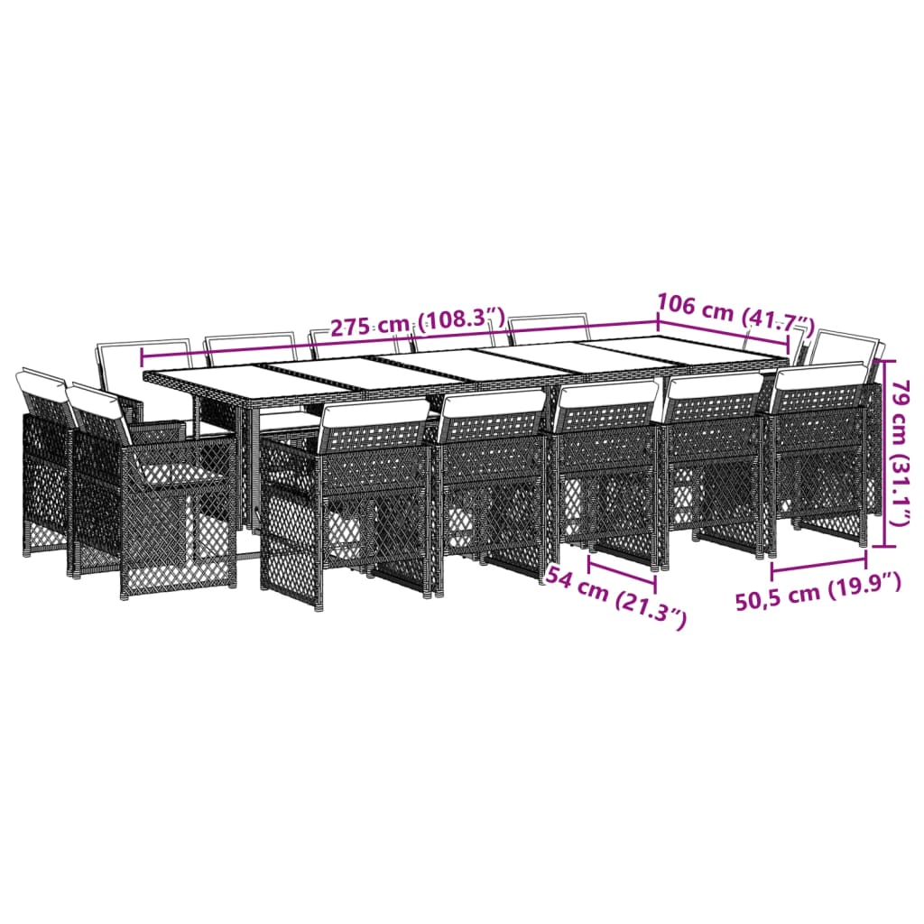 15 Piece Garden Dining Set with Cushions Grey Poly Rattan