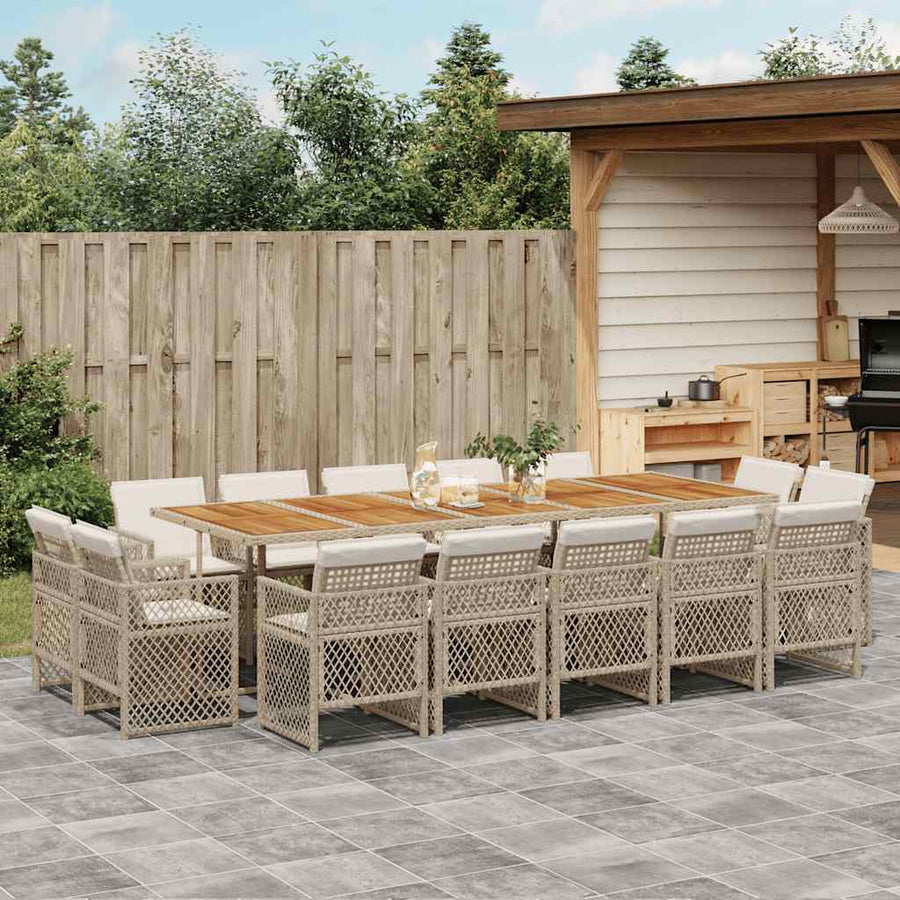 15 Piece Garden Dining Set with Cushions Beige Poly Rattan