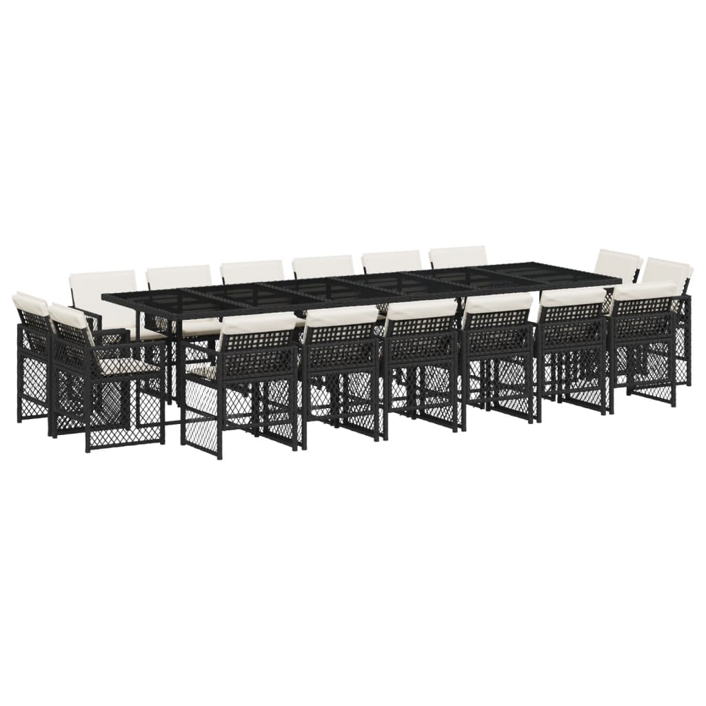 17 Piece Garden Dining Set with Cushions Black Poly Rattan