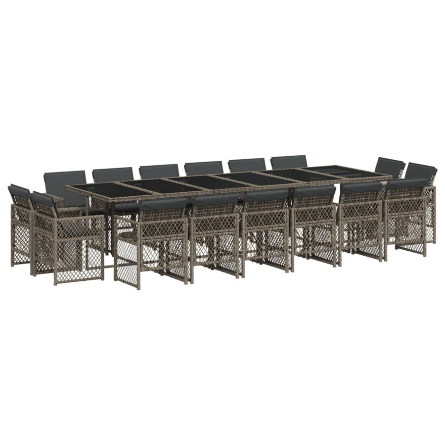17 Piece Garden Dining Set with Cushions Grey Poly Rattan