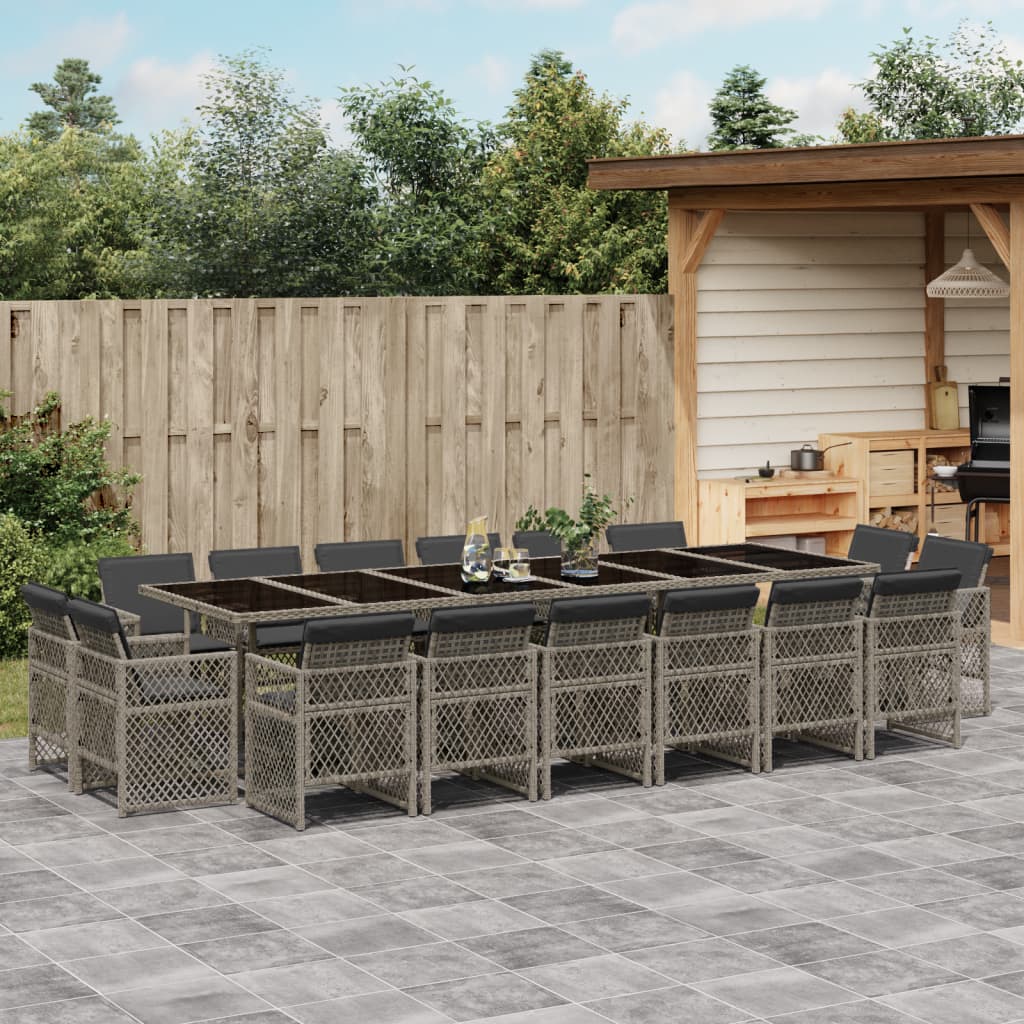 17 Piece Garden Dining Set with Cushions Grey Poly Rattan