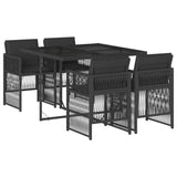 5 Piece Garden Dining Set with Cushions Black Poly Rattan - Front View