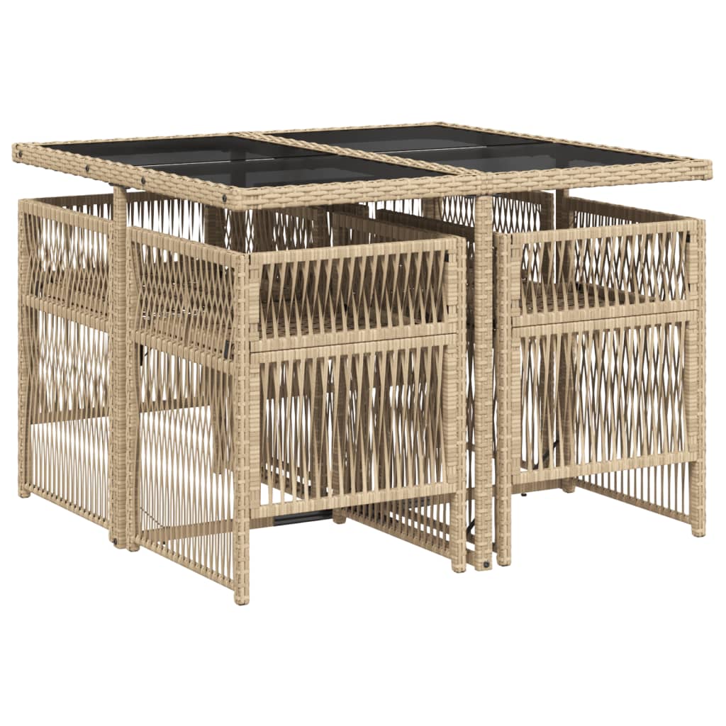 5 Piece Garden Dining Set with Cushions Beige Poly Rattan