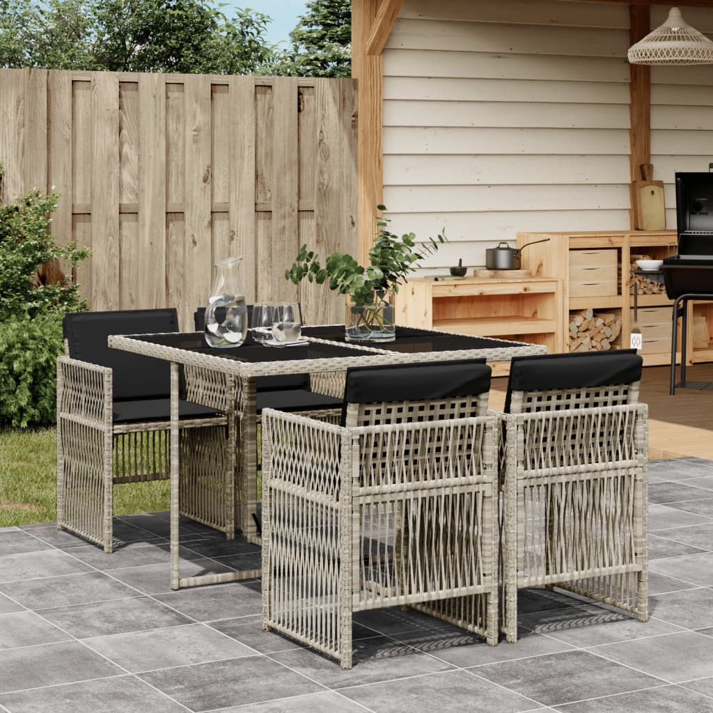 5 Piece Garden Dining Set with Cushions Light Grey Poly Rattan