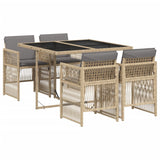 5 Piece Garden Dining Set with Cushions Mix Beige Poly Rattan - Front View