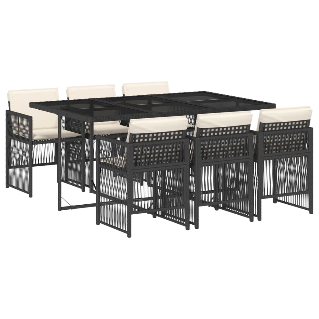 7 Piece Garden Dining Set with Cushions Black Poly Rattan