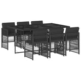 7 Piece Garden Dining Set with Cushions Black Poly Rattan - Front View
