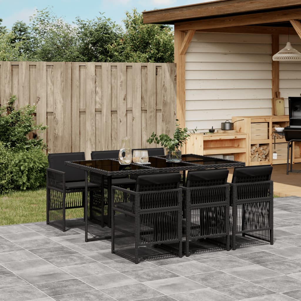 7 Piece Garden Dining Set with Cushions Black Poly Rattan