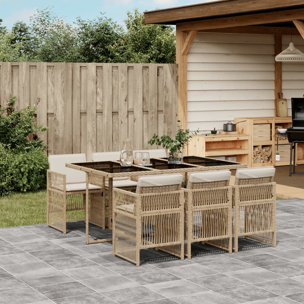 7 Piece Garden Dining Set with Cushions Beige Poly Rattan