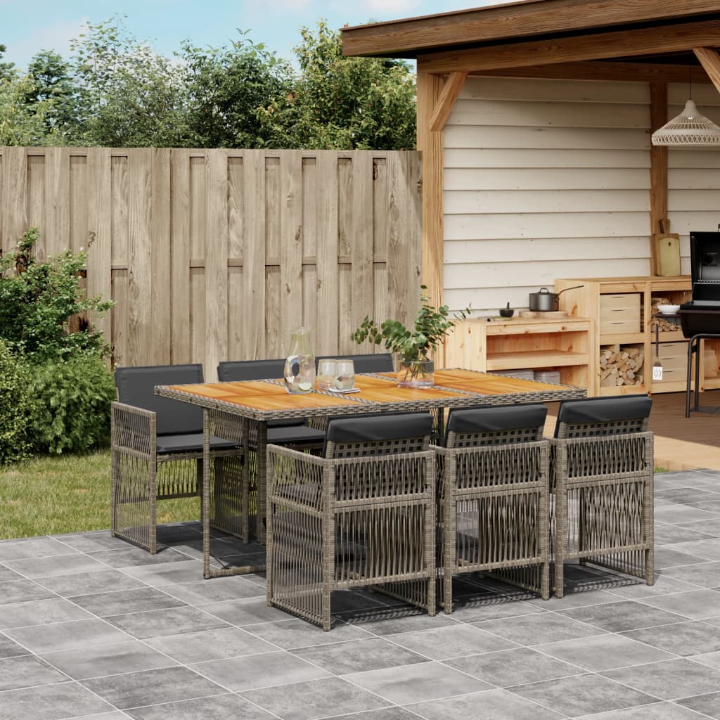 7 Piece Garden Dining Set with Cushions Grey Poly Rattan