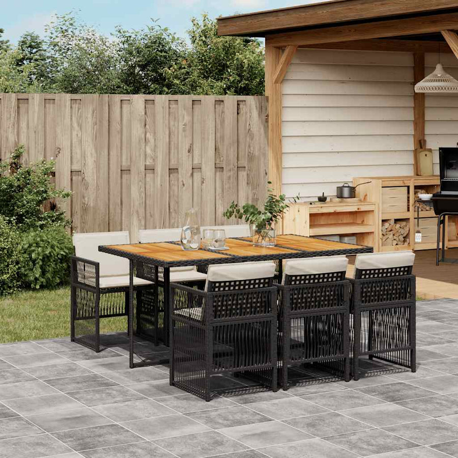 7 Piece Garden Dining Set with Cushions Black Poly Rattan