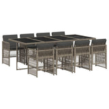 9 Piece Garden Dining Set with Cushions Grey Poly Rattan - Front View