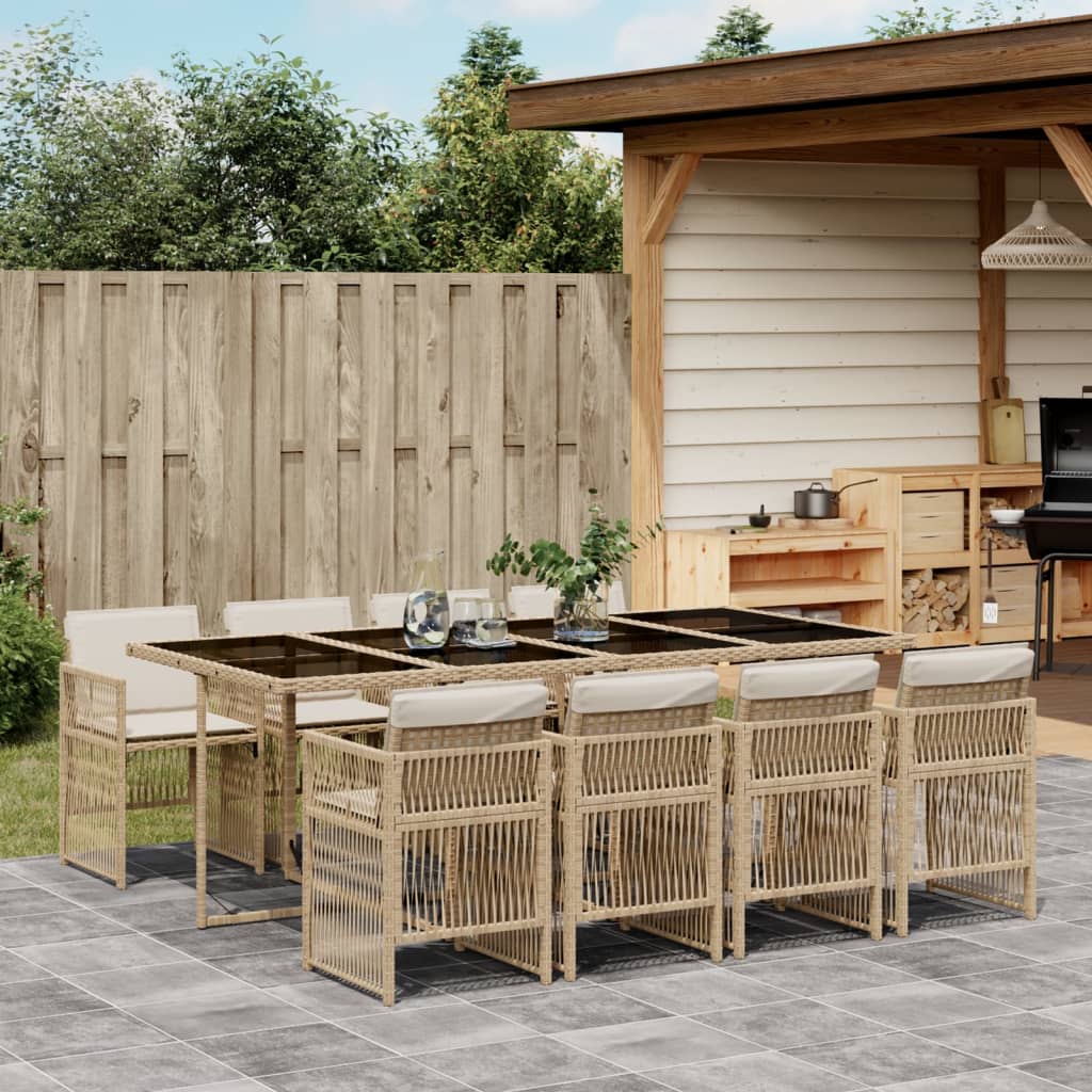 9 Piece Garden Dining Set with Cushions Beige Poly Rattan