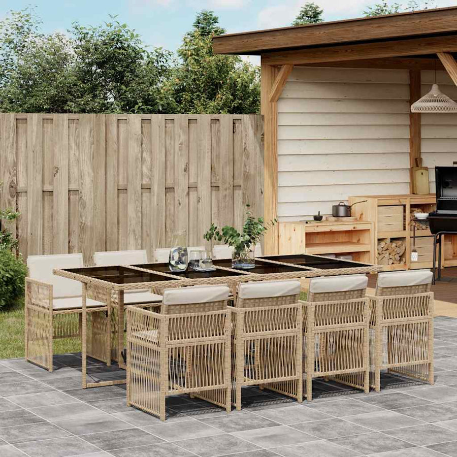 9 Piece Garden Dining Set with Cushions Beige Poly Rattan