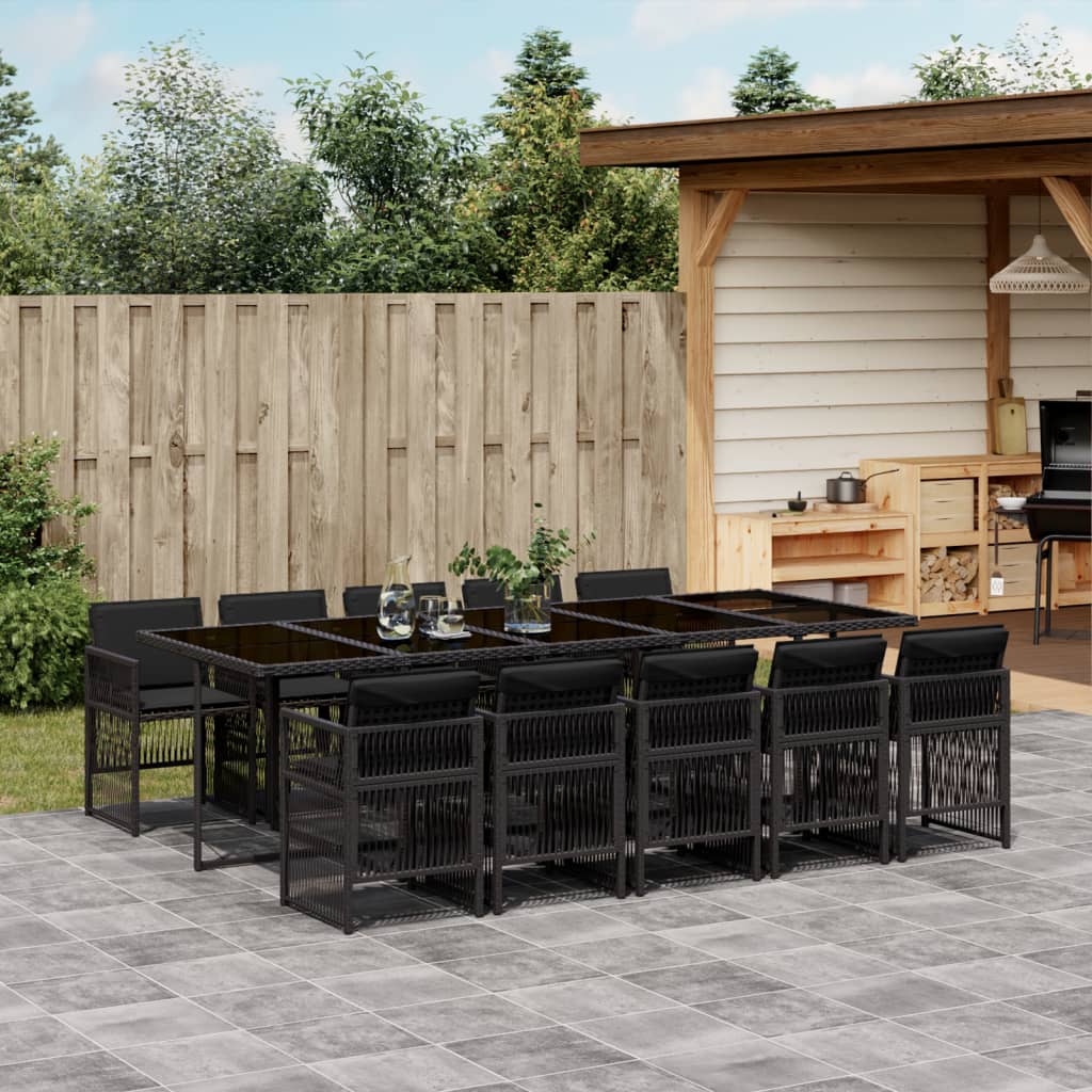 11 Piece Garden Dining Set with Cushions Black Poly Rattan
