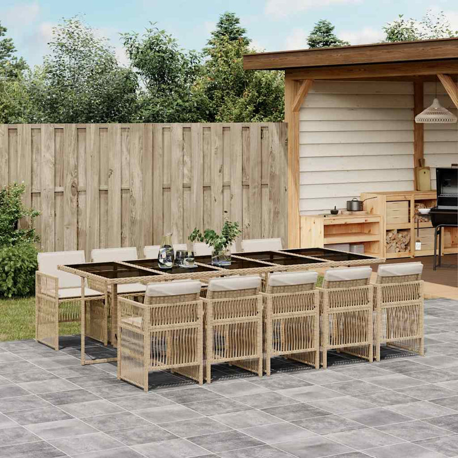 11 Piece Garden Dining Set with Cushions Beige Poly Rattan