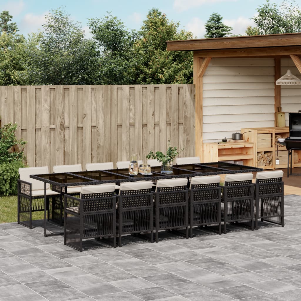 13 Piece Garden Dining Set with Cushions Black Poly Rattan
