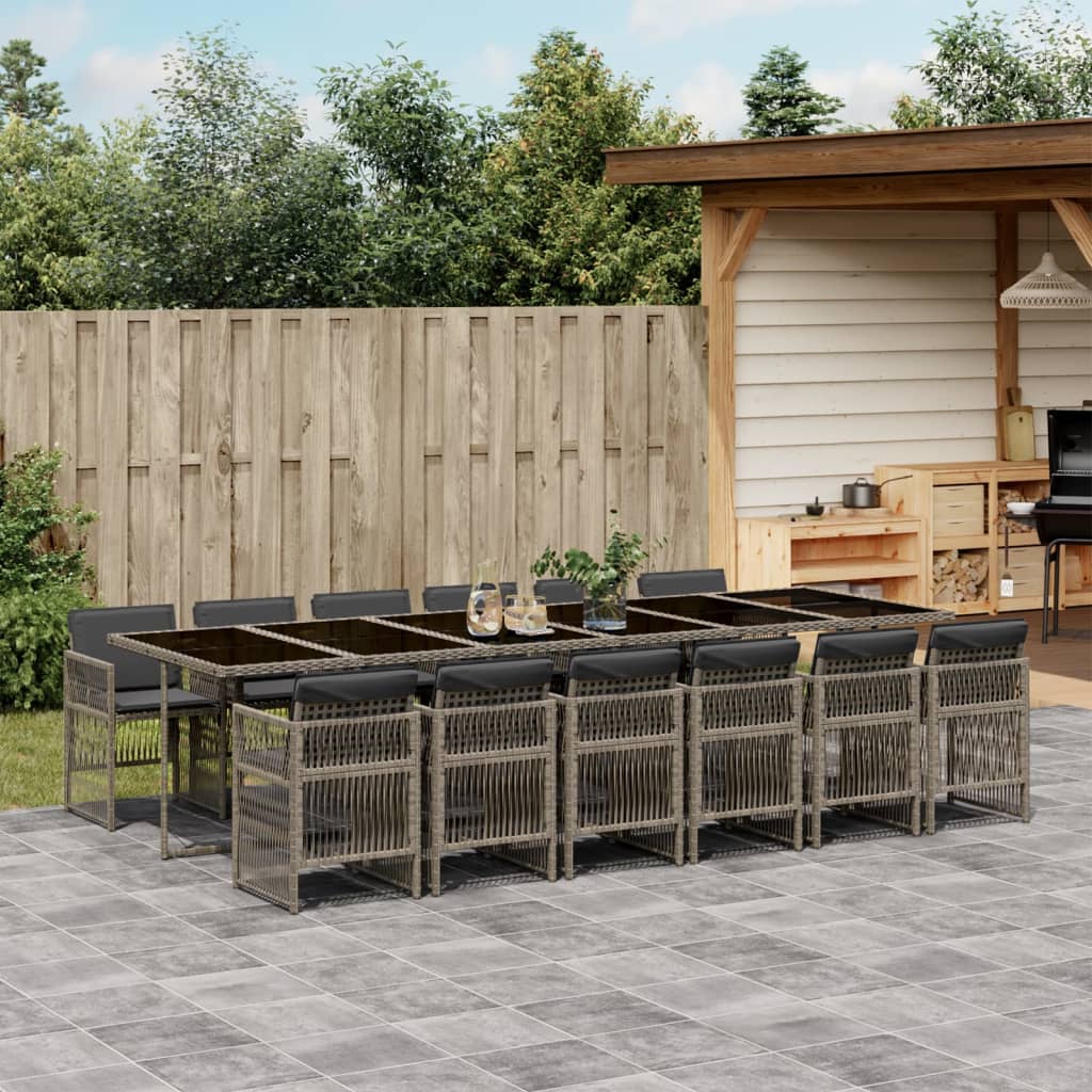 13 Piece Garden Dining Set with Cushions Grey Poly Rattan