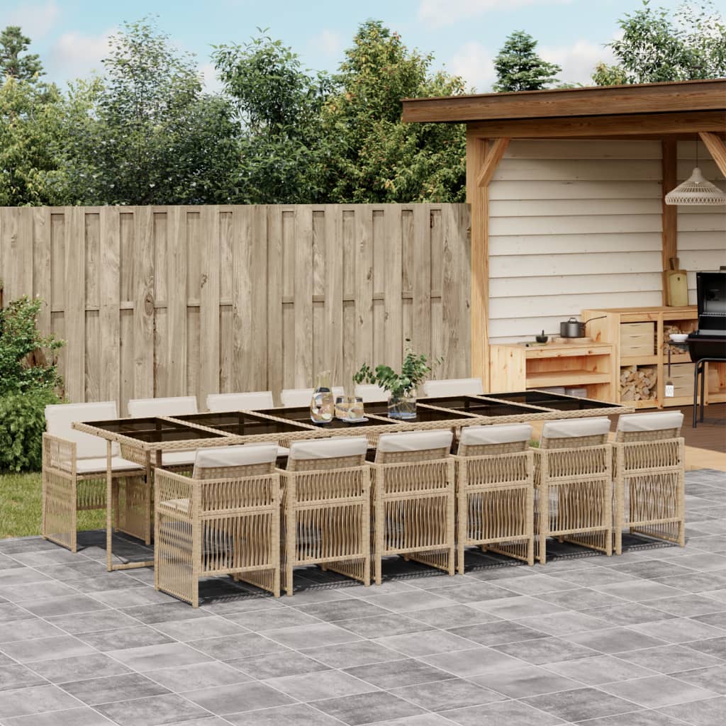 13 Piece Garden Dining Set with Cushions Beige Poly Rattan