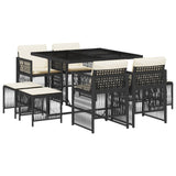 9 Piece Garden Dining Set with Cushions Black Poly Rattan - Front View