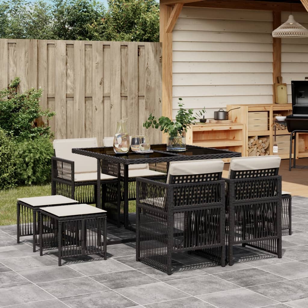 9 Piece Garden Dining Set with Cushions Black Poly Rattan