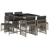 9 Piece Garden Dining Set with Cushions Grey Poly Rattan - Front View
