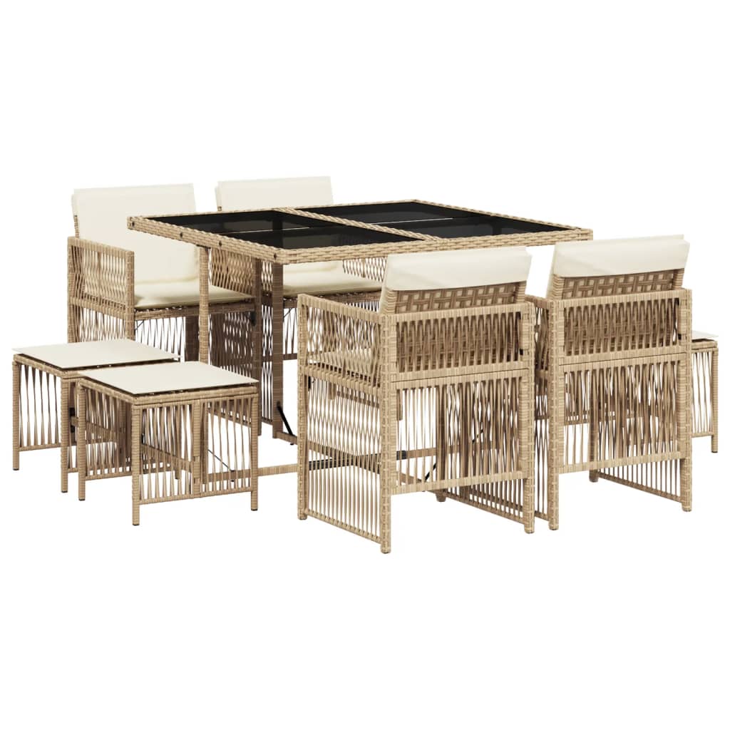 9 Piece Garden Dining Set with Cushions Beige Poly Rattan