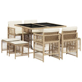 9 Piece Garden Dining Set with Cushions Beige Poly Rattan - Front View