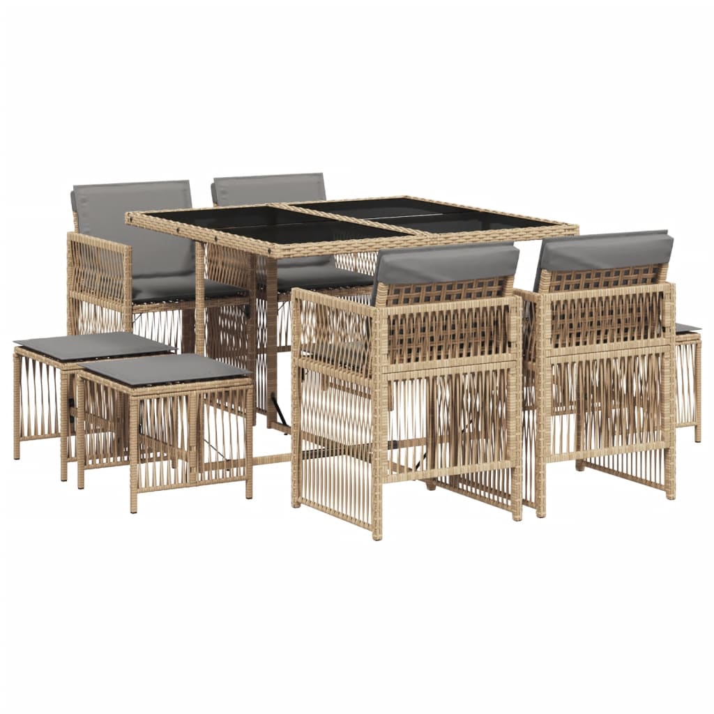 9 Piece Garden Dining Set with Cushions Mix Beige Poly Rattan