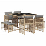 9 Piece Garden Dining Set with Cushions Mix Beige Poly Rattan
