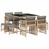 9 Piece Garden Dining Set with Cushions Mix Beige Poly Rattan - Front View