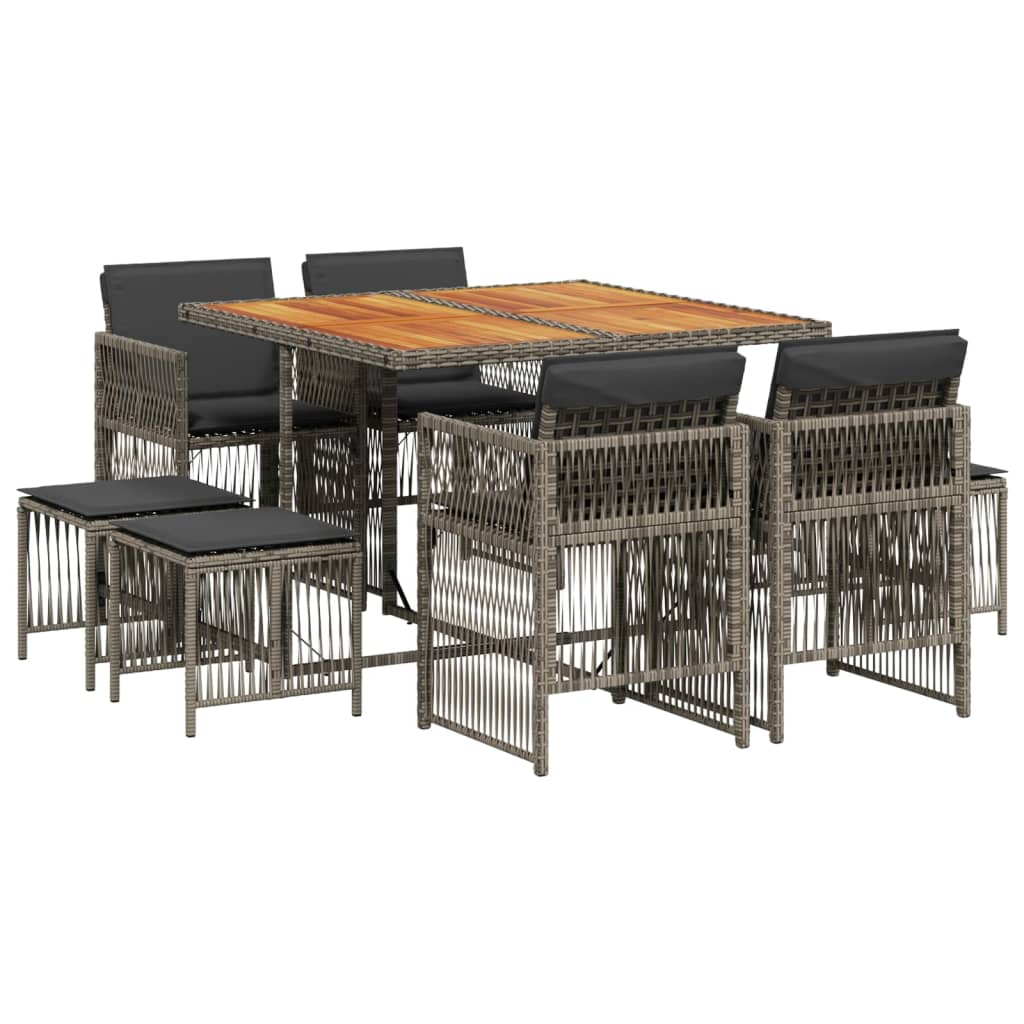 9 Piece Garden Dining Set with Cushions Grey Poly Rattan