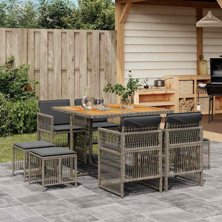 9 Piece Garden Dining Set with Cushions Grey Poly Rattan