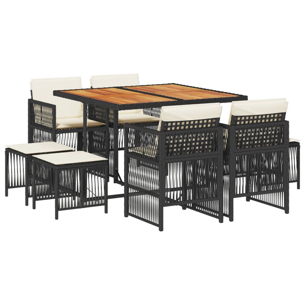 9 Piece Garden Dining Set with Cushions Black Poly Rattan