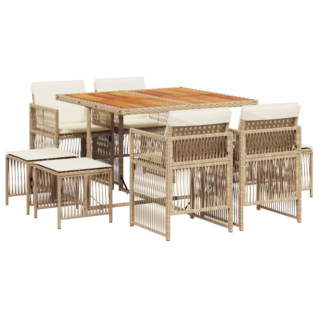 9 Piece Garden Dining Set with Cushions Beige Poly Rattan