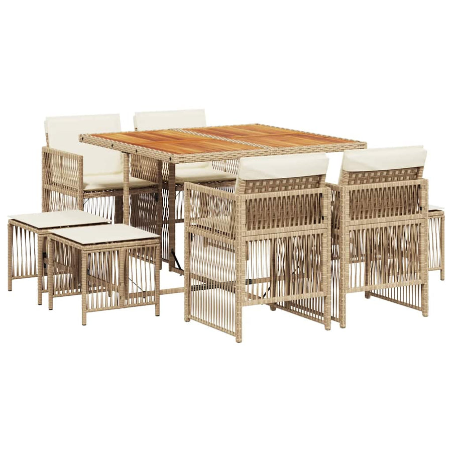 9 Piece Garden Dining Set with Cushions Beige Poly Rattan