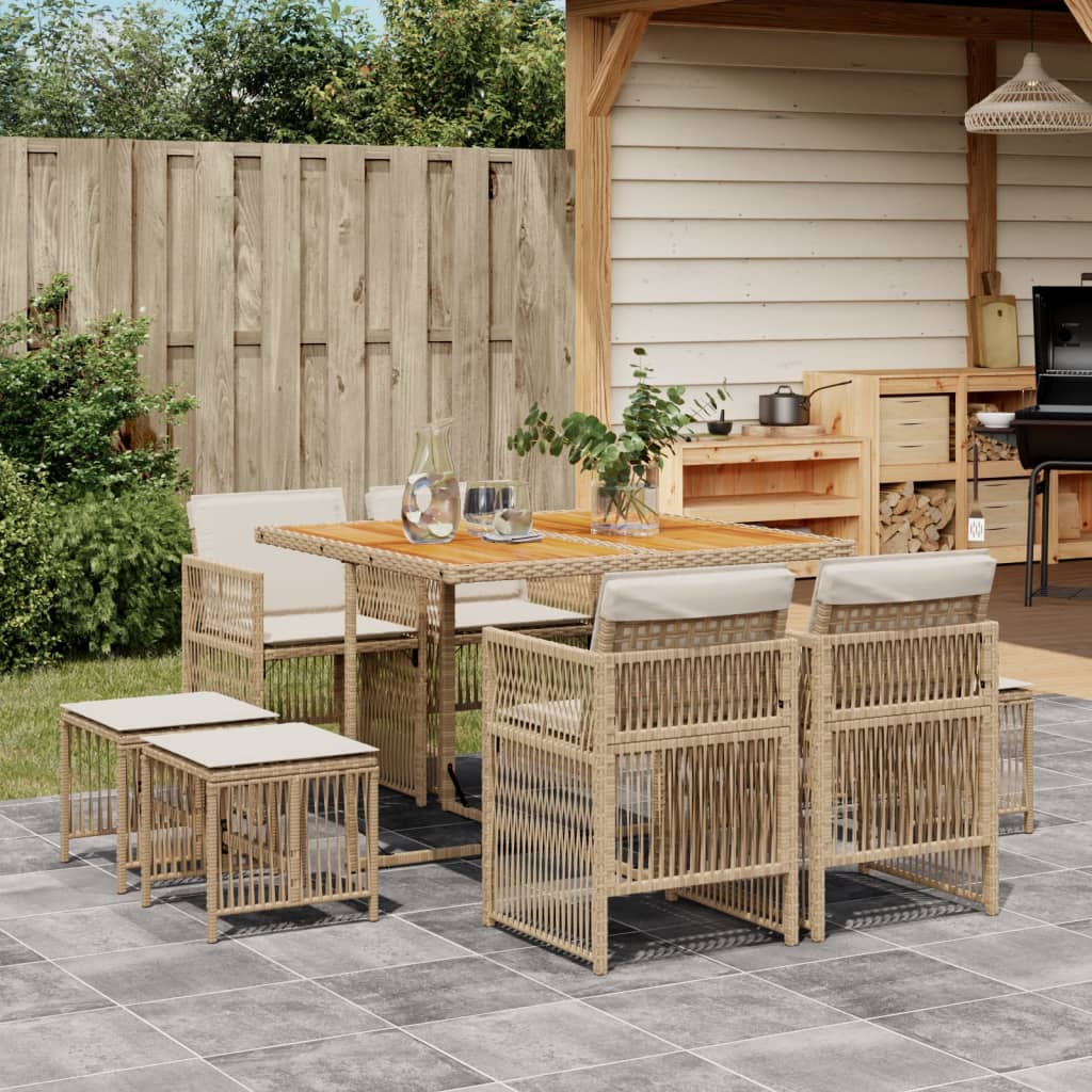 9 Piece Garden Dining Set with Cushions Beige Poly Rattan