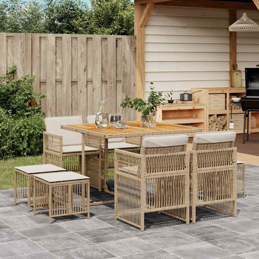 9 Piece Garden Dining Set with Cushions Beige Poly Rattan