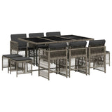 11 Piece Garden Dining Set with Cushions Grey Poly Rattan - Front View